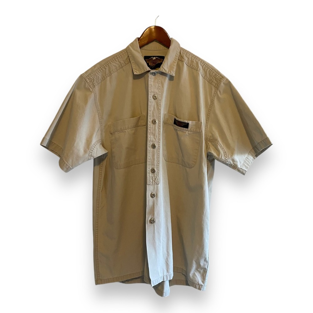 Harley-Davidson Men's Tan Khaki Cotton Canvas Short Sleeve Button Up Shirt Large